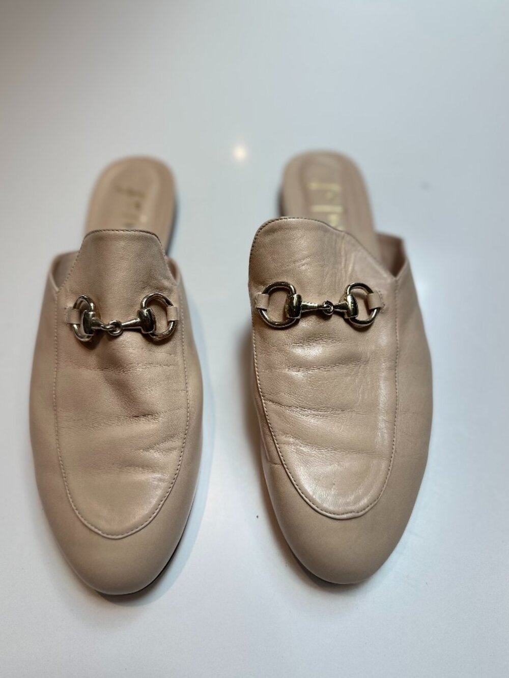 French Sole Tan Leather Horsebit Slip-On Mules